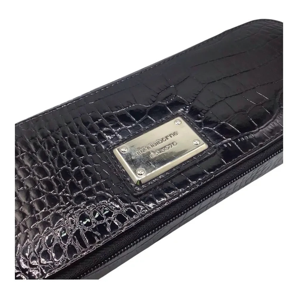 Liz Claiborne Black Faux Snakeskin Travel Jewelry Case Zipper Organizer